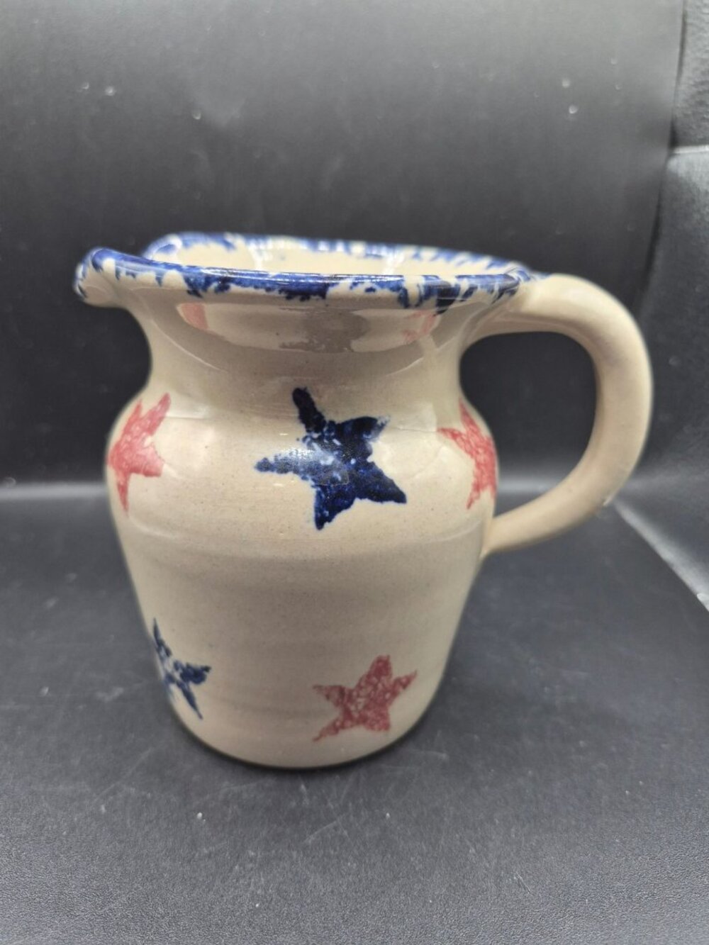 Handmade Stoneware Milk Pitcher Red & Blue Star Yesterdays Years Marshall Texas